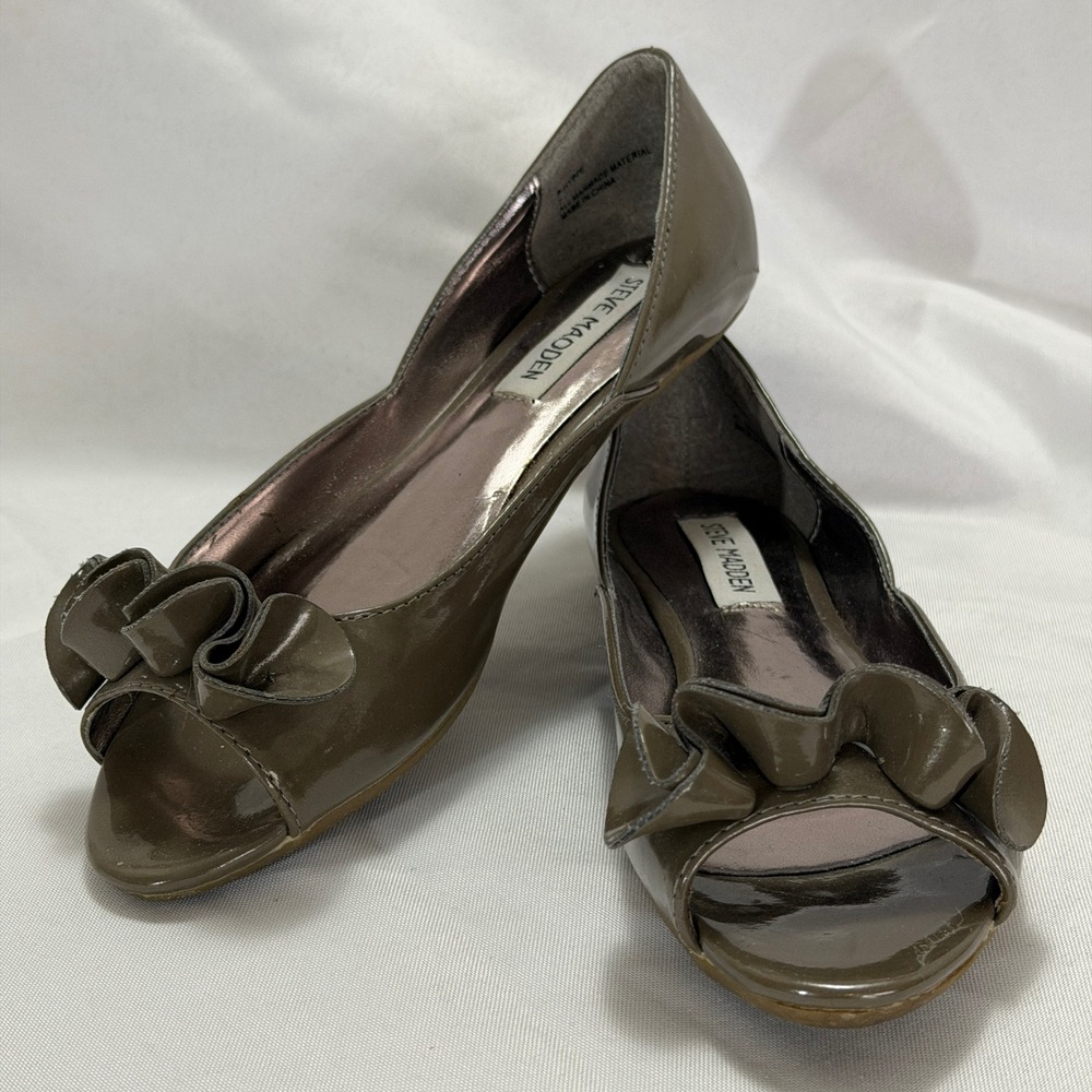 Steve Madden Peep Toe Bow Flats Patent Brown Ballet Slip On Dress Office Shoes 7